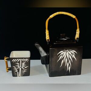 Global Home Vietnam Tea Pot Zazen Stoneware Moonlit Bamboo Pattern and 1 Cup